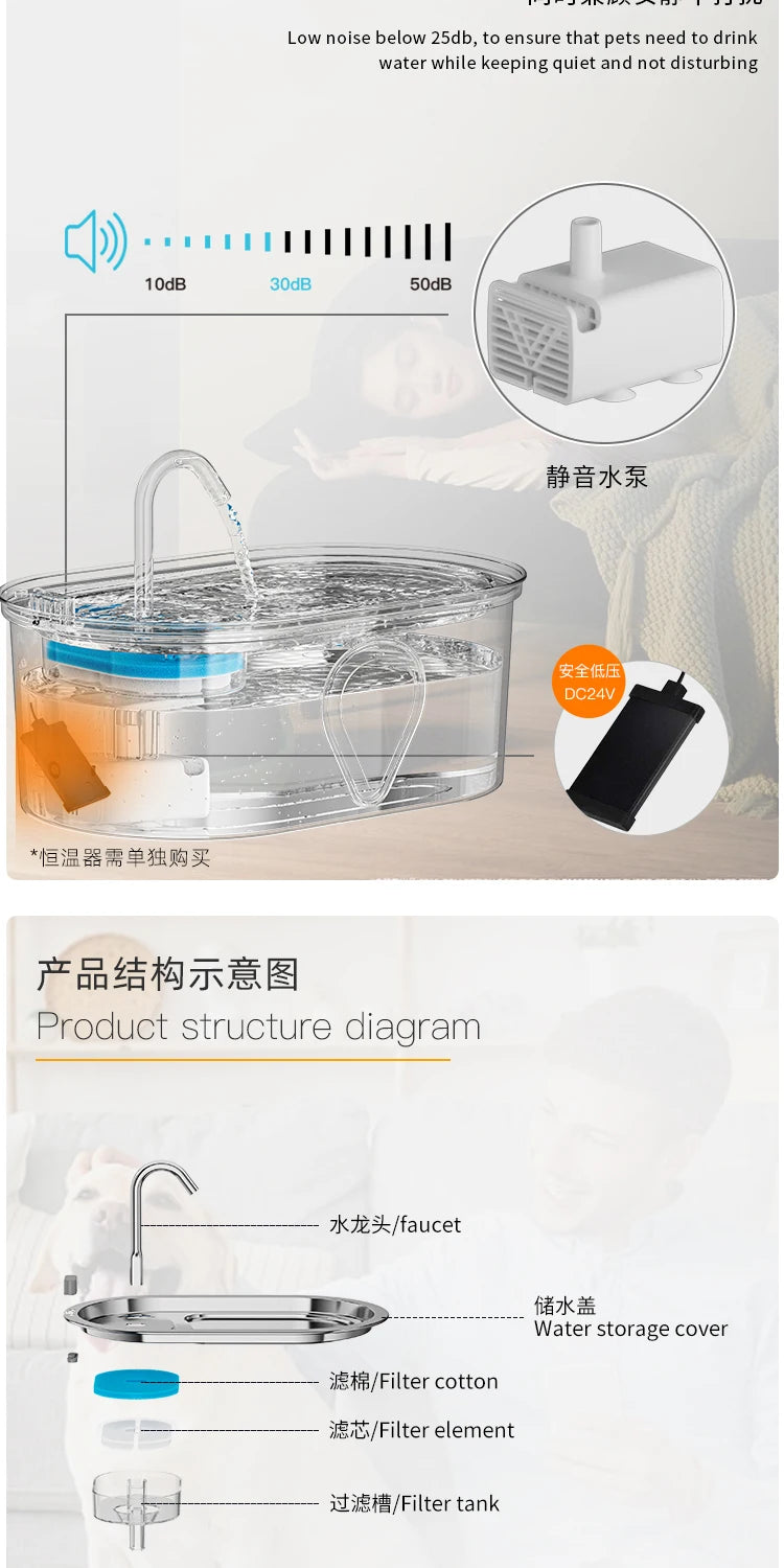 Stainless Steel Pet Water Feeder Cat Automatic Water Fountain USB Electric Mute for Cat Dog Filter Fountain Smart Drinking Bowl