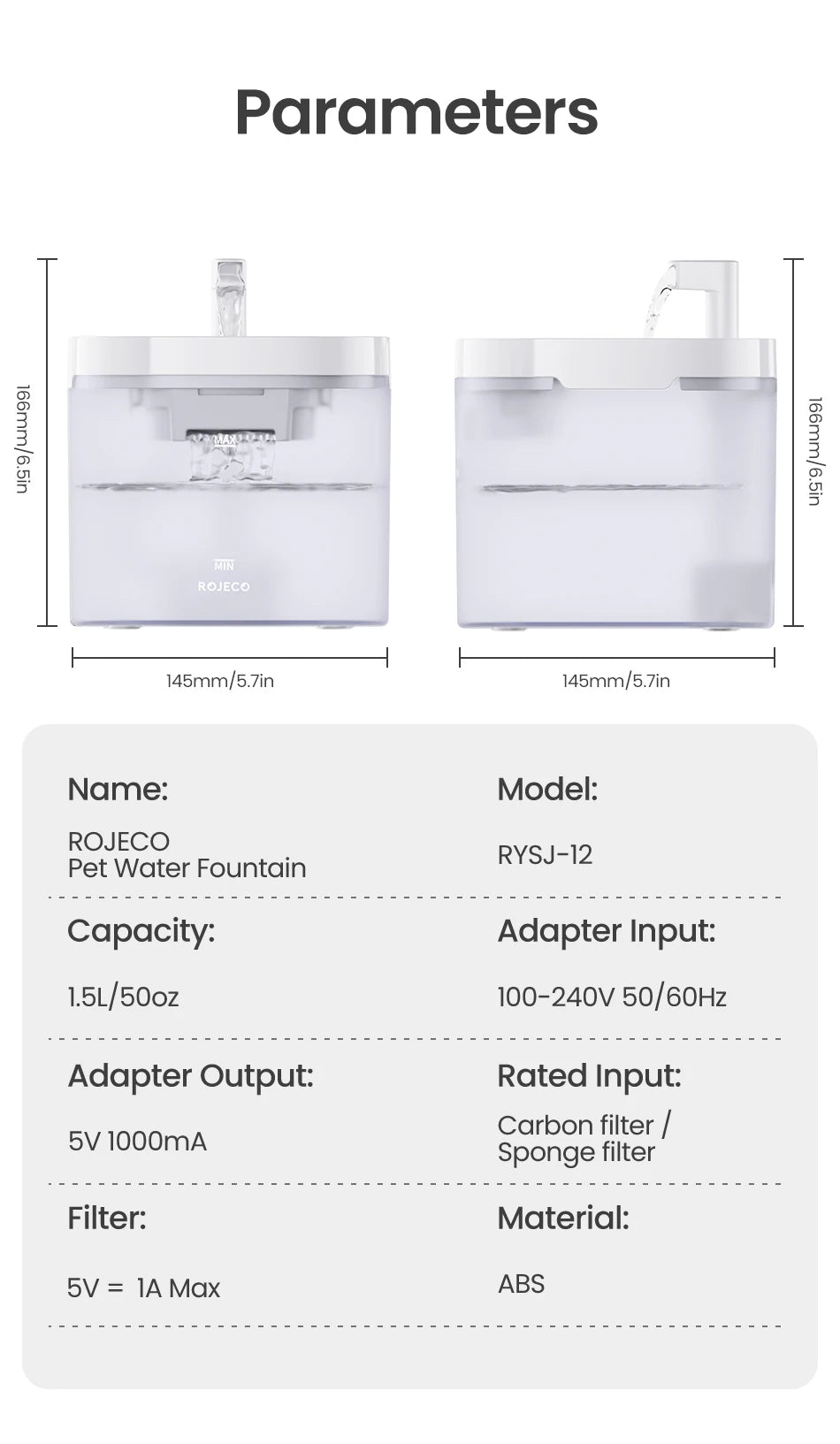 ROJECO Smart Cat & Dog Water Fountain – Automatic Pet Water Dispenser with Recirculating Filter
