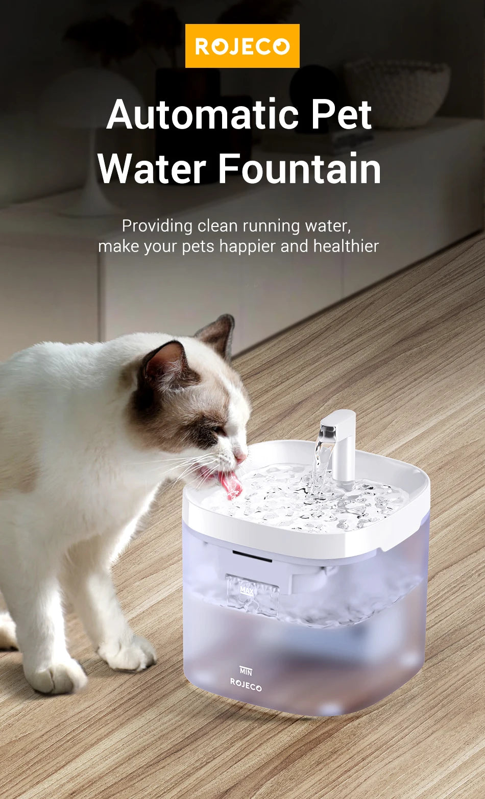 ROJECO Smart Cat & Dog Water Fountain – Automatic Pet Water Dispenser with Recirculating Filter